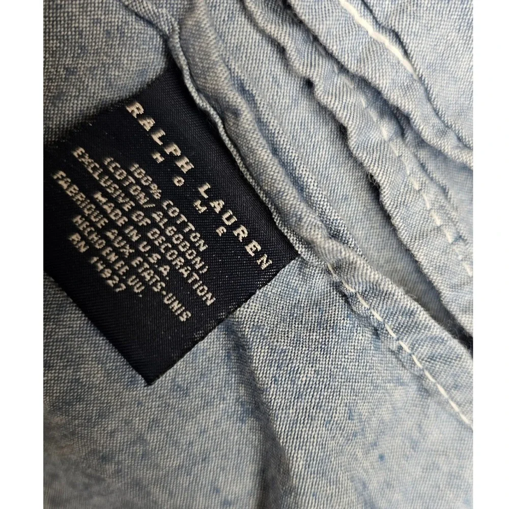 Ralph Lauren Blue Chambray Ruffle Euro Sham /Flat Sheet Set Cotton USA Queen